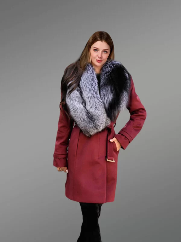 Women’s 3/4 Length Wool Coat with Real Silver Fox Fur Trim Collar - Image 3
