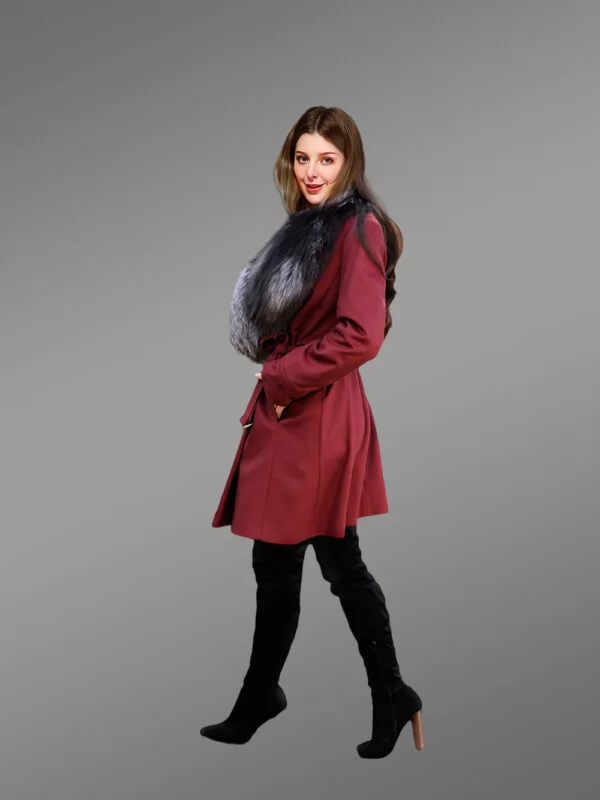 Women’s 3/4 Length Wool Coat with Real Silver Fox Fur Trim Collar - Image 7
