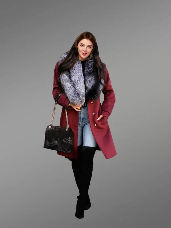 Women’s 3/4 Length Wool Coat with Real Silver Fox Fur Trim Collar - Image 4