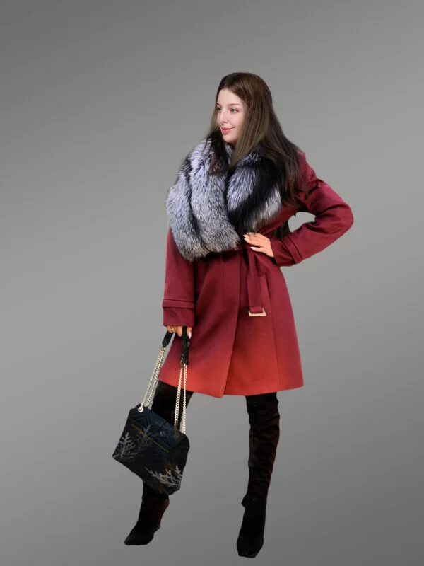 Women’s 3/4 Length Wool Coat with Real Silver Fox Fur Trim Collar - Image 6