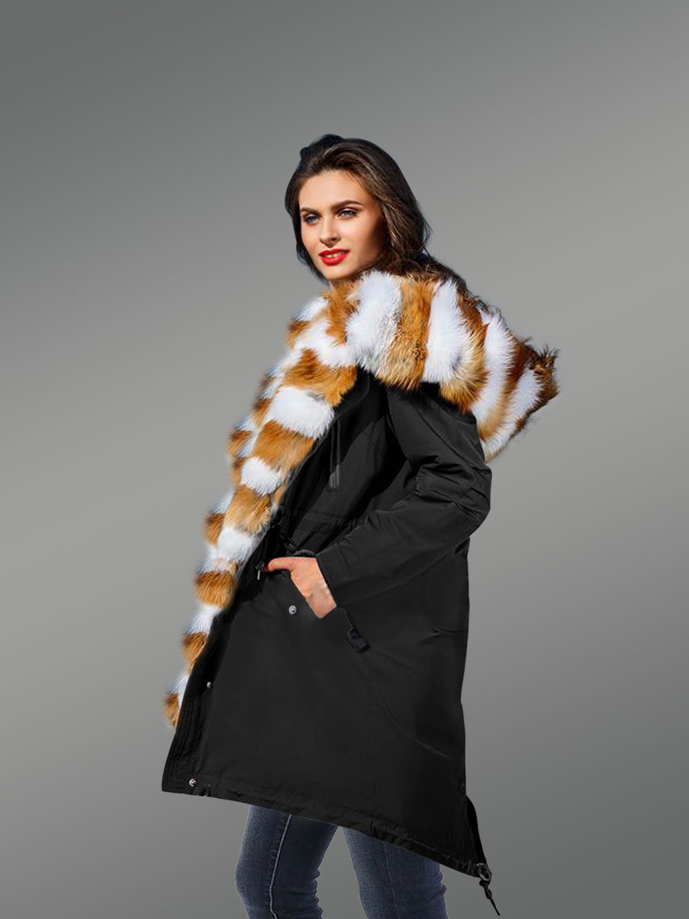 Hybrid Black Red Arctic Fox Fur Parka Convertibles for Women - Image 3