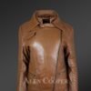 Women’s Assymetrical Motorcycle Biker Jacket in Tan with Zipout Collar