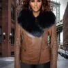 Women’s Assymetrical Motorcycle Biker Jacket in Tan with Zipout Collar & Detachable Fox Fur Collar