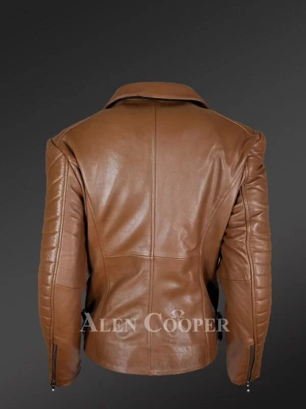 Women’s Assymetrical Motorcycle Biker Jacket in Tan with Zipout Collar - Image 4
