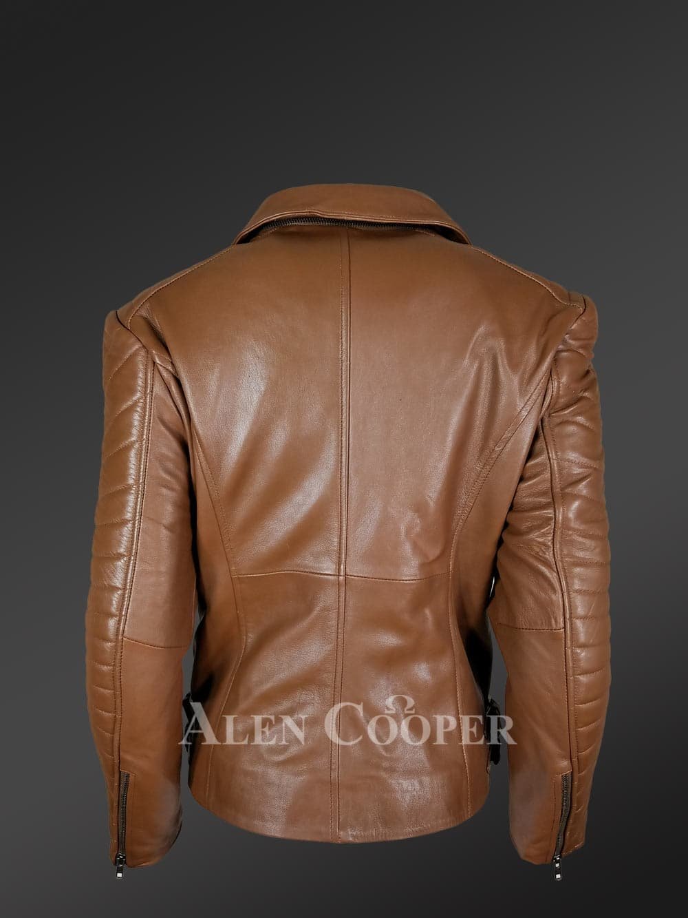 Women’s Assymetrical Motorcycle Biker Jacket in Tan with Zipout Collar - Image 4