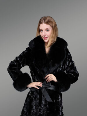Women's Belted Diamond Mink Coat with Fox Fur Collar & Cuff Trims