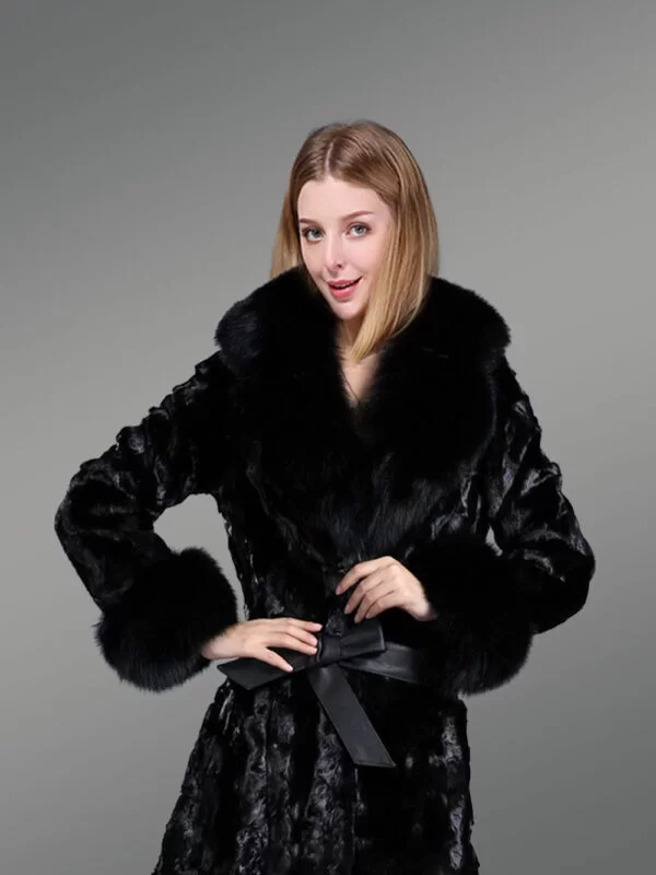 Women's Belted Diamond Mink Coat with Fox Fur Collar & Cuff Trims