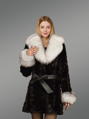Women's Belted Diamond Mink Coat with Fox Fur Collar and Cuff Trims