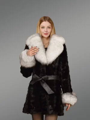 Women's Belted Diamond Mink Coat with Fox Fur Collar and Cuff Trims
