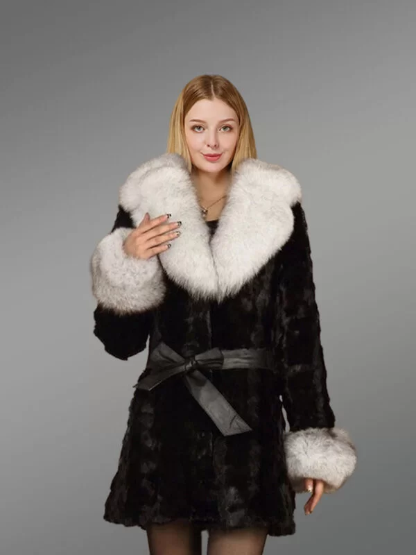 Women's Belted Diamond Mink Coat with Fox Fur Collar and Cuff Trims