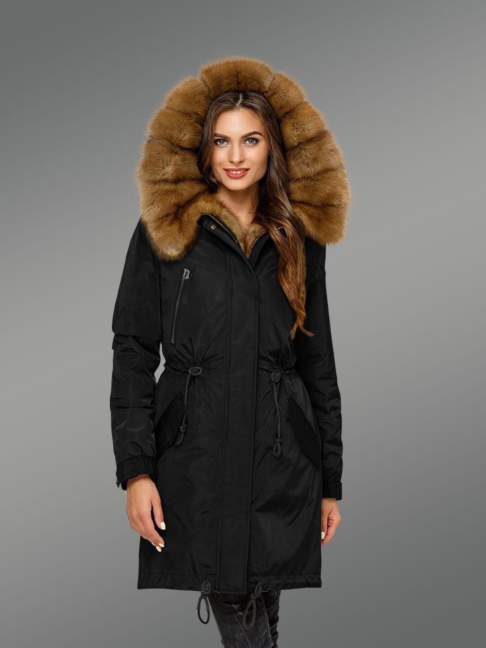 Reinvent Your Charm with Women’s Canadian Fox Fur Hybrid Black Parka Convertibles - Image 3