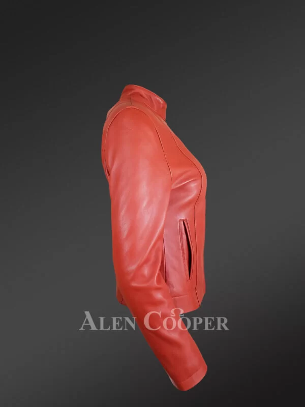 Women’s Classic Leather Biker Jacket with Cross Pockets - Image 3