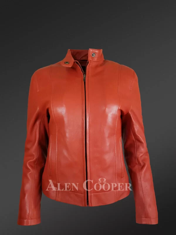 Women’s Classic Leather Biker Jacket with Cross Pockets - Image 2