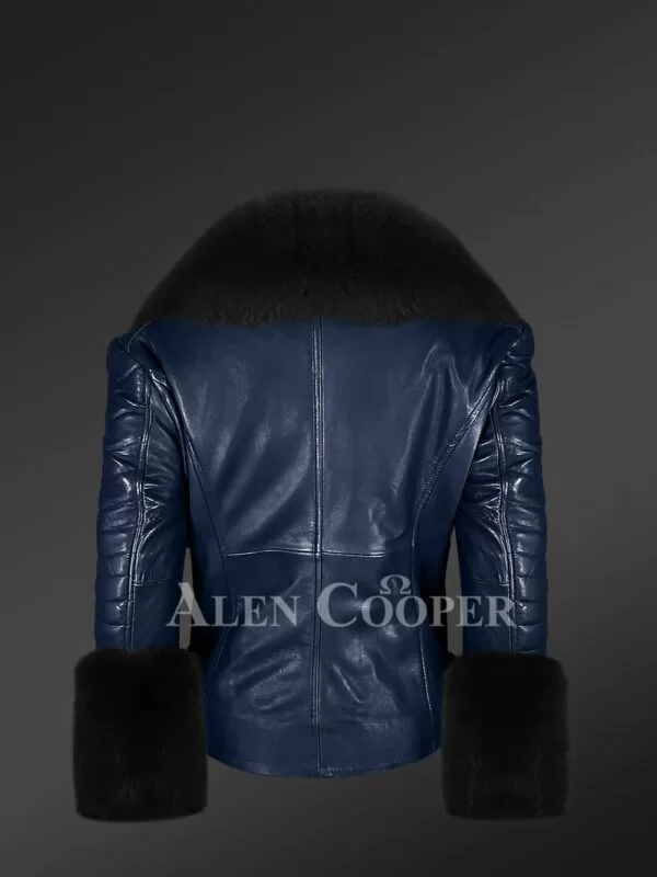 Women’s Leather Biker Jacket with Fox Fur Collar and Cuffs - Image 3
