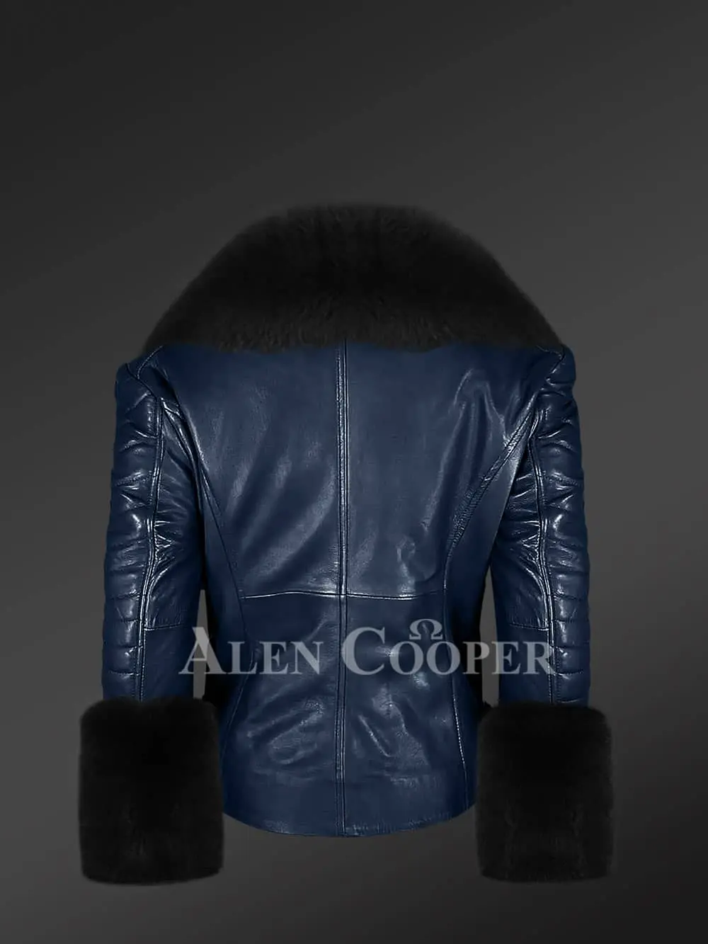 Women’s Leather Biker Jacket with Fox Fur Collar and Cuffs - Image 3
