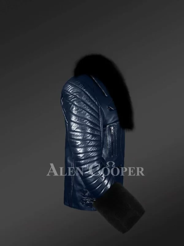 Women’s Leather Biker Jacket with Fox Fur Collar and Cuffs - Image 2