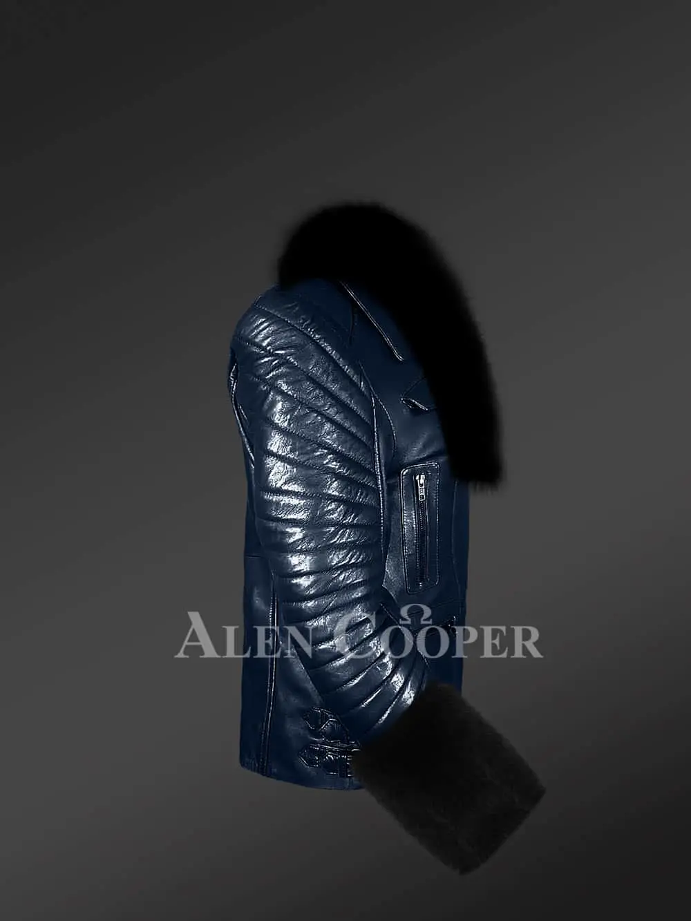 Women’s Leather Biker Jacket with Fox Fur Collar and Cuffs - Image 2