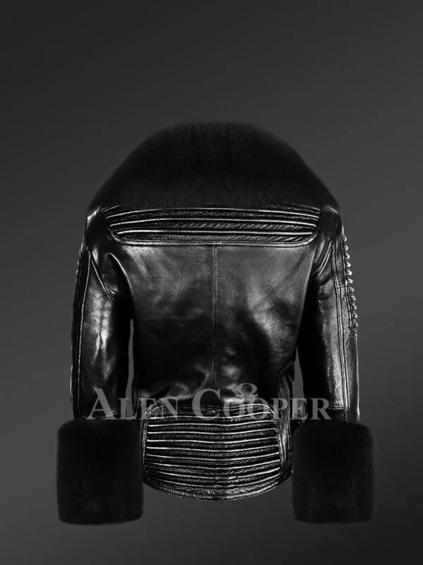 Leather Biker Jacket with Fox Fur Collar and Cuffs for Women - Image 3