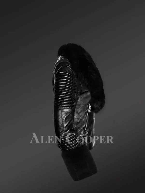Leather Biker Jacket with Fox Fur Collar and Cuffs for Women - Image 2