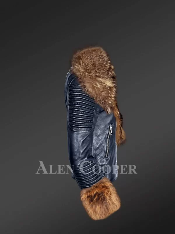 Womens Leather with Fur Biker Jacket - Image 4