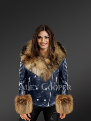 Women’s Leather Biker Jacket with Fox Fur Collar, Lapels and Cuffs