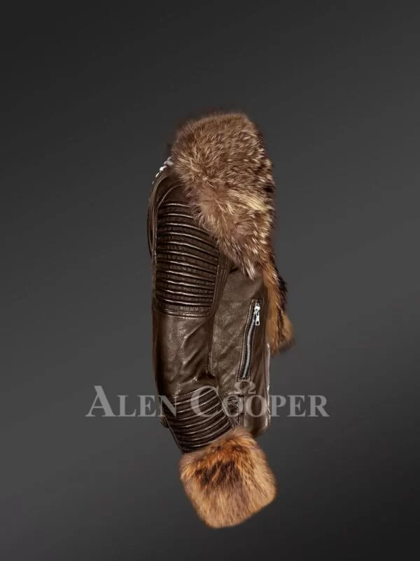 Womens Leather with Fur Biker Jacket - Image 4