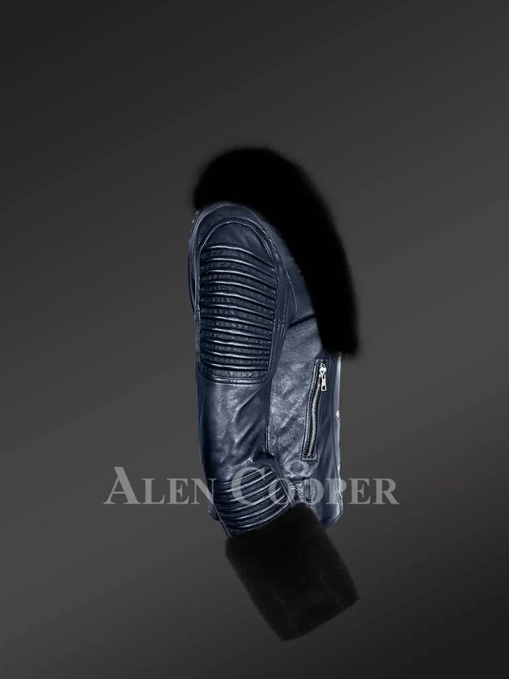 Blue Leather Jacket for Women with Fox Fur Collar and Cuffs - Image 2