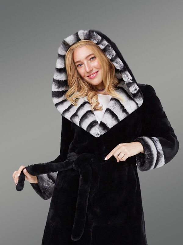 Womens Coat in Rex Rabbit Fur with Hood - Image 5
