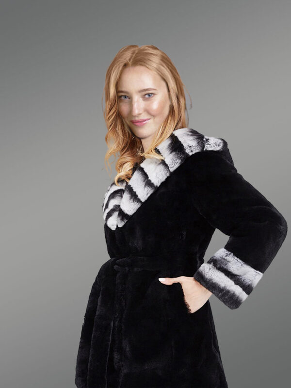 Womens Coat in Rex Rabbit Fur with Hood - Image 4