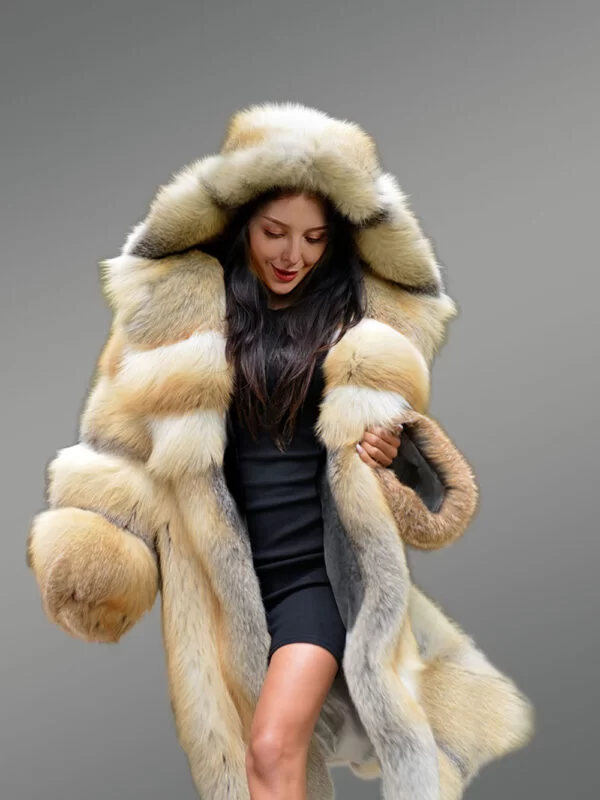 Fox Fur Long Coat With Hood For Elegance & Comfort - Image 4
