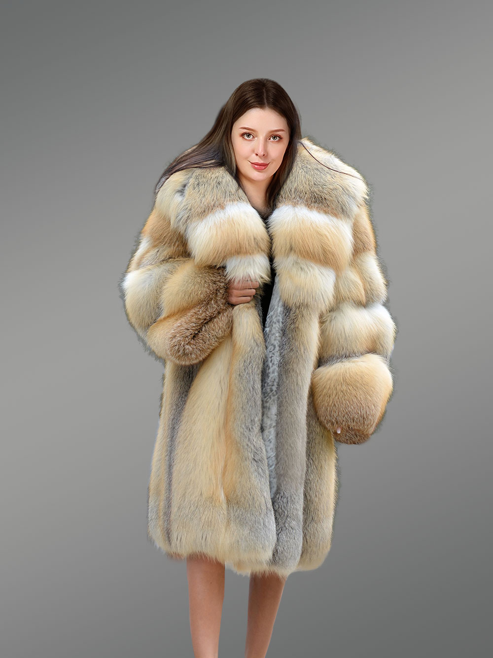 Fox Fur Long Coat With Hood For Elegance & Comfort