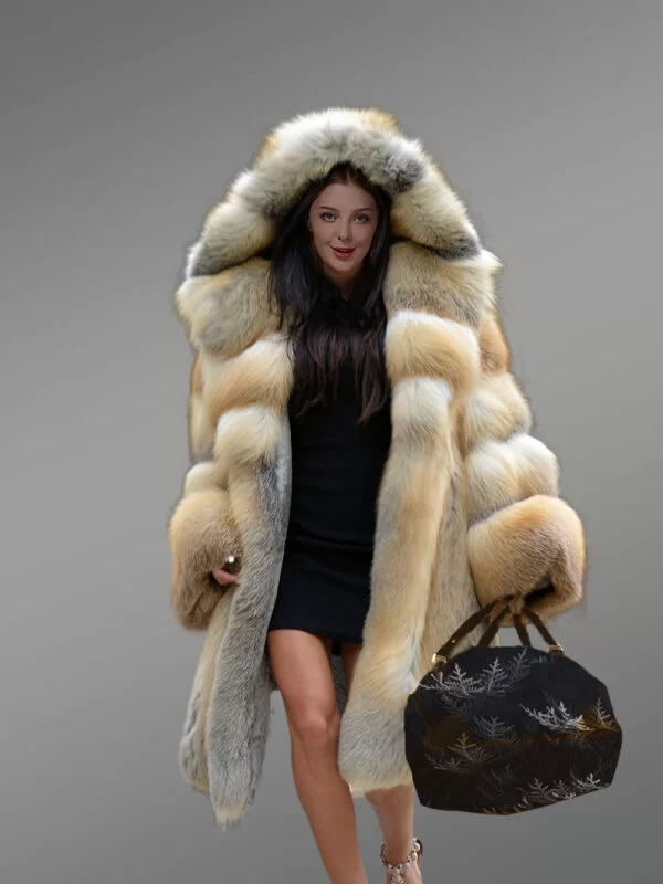 Fox Fur Long Coat With Hood For Elegance & Comfort - Image 5