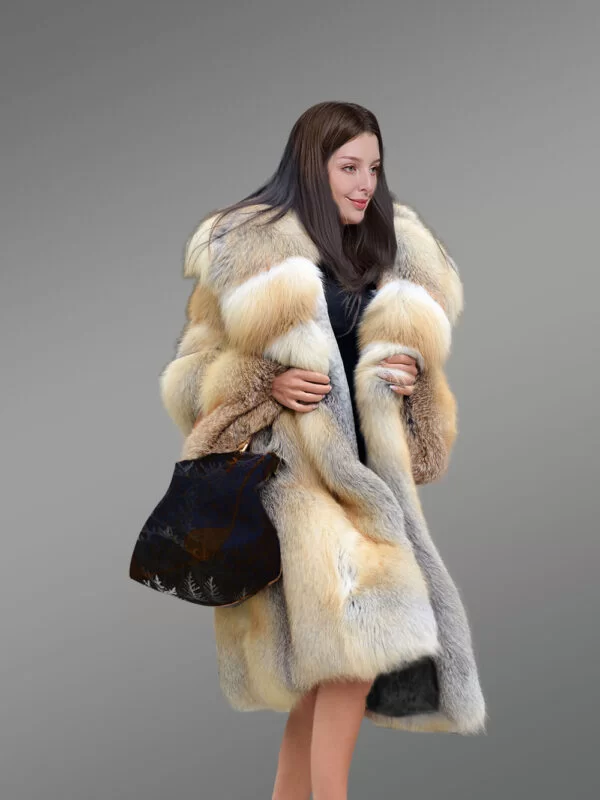 Fox Fur Long Coat With Hood For Elegance & Comfort - Image 3