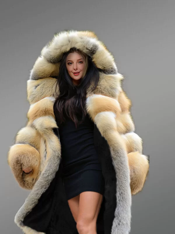 Fox Fur Long Coat With Hood For Elegance & Comfort - Image 2