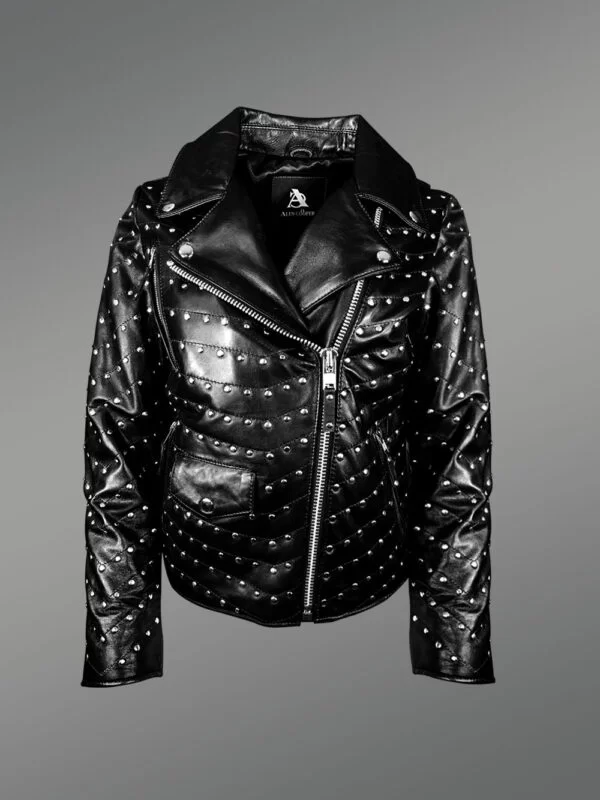 Womens Studded Biker Leather Jacket - Image 3
