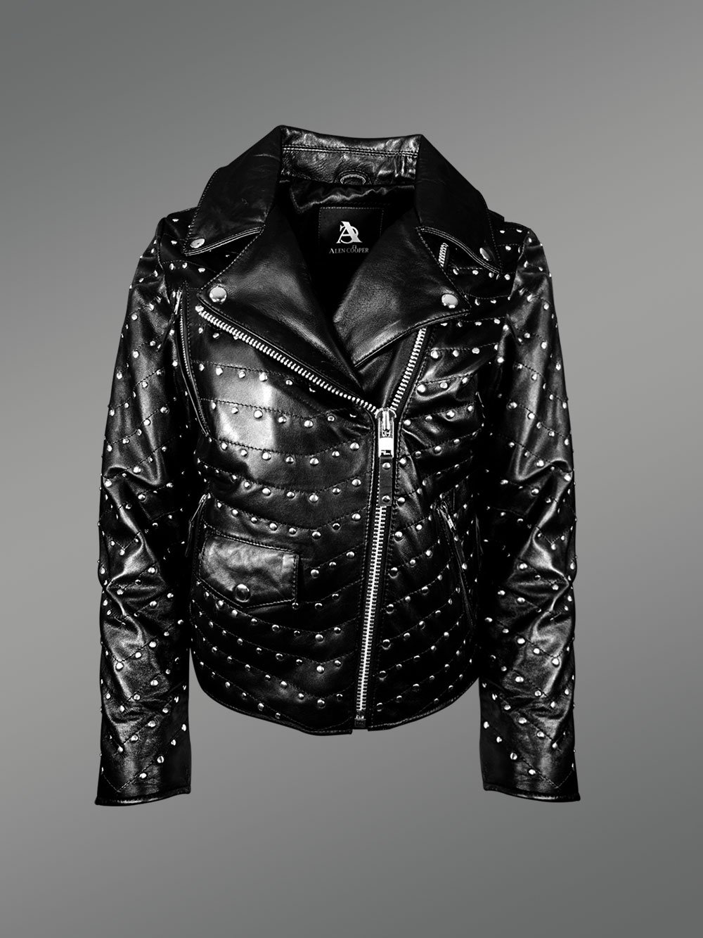 Womens Studded Biker Leather Jacket - Image 3
