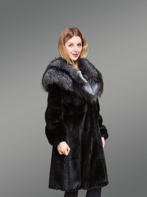 Women’s Mink Fur Coat with Silver Fox Fur Hood and Lapels - Image 2