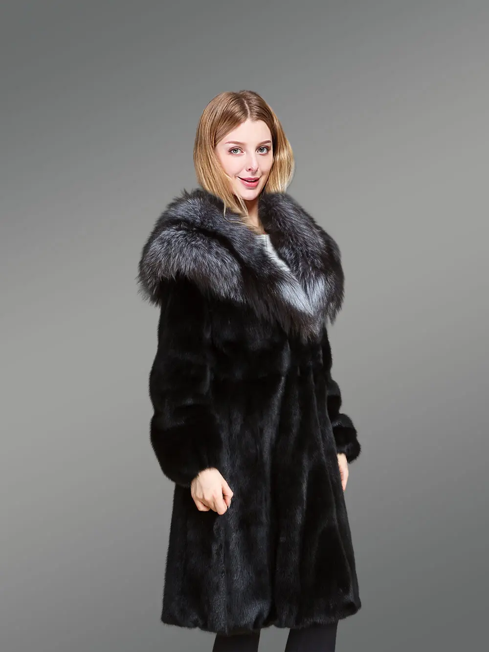 Women’s Mink Fur Coat with Silver Fox Fur Hood and Lapels - Image 2