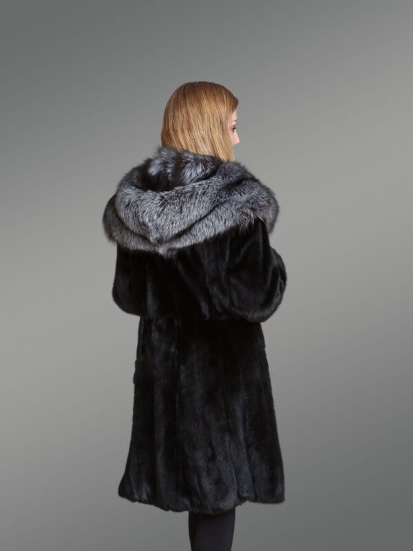 Women’s Mink Fur Coat with Silver Fox Fur Hood and Lapels - Image 4