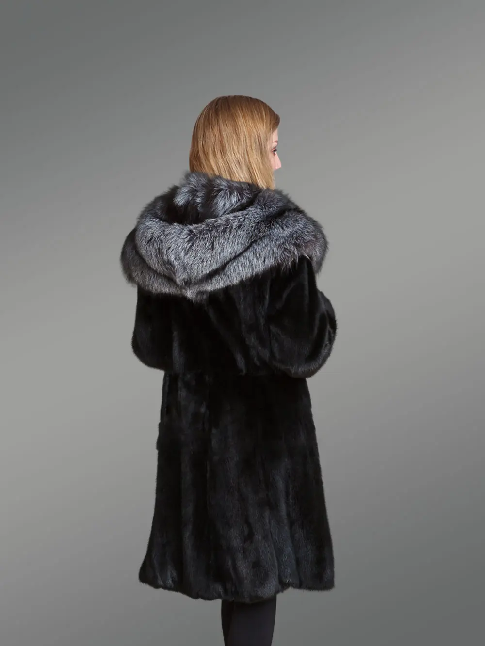 Women’s Mink Fur Coat with Silver Fox Fur Hood and Lapels - Image 4