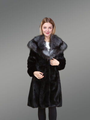 Women’s Mink Fur Coat with Silver Fox Fur Hood and Lapels