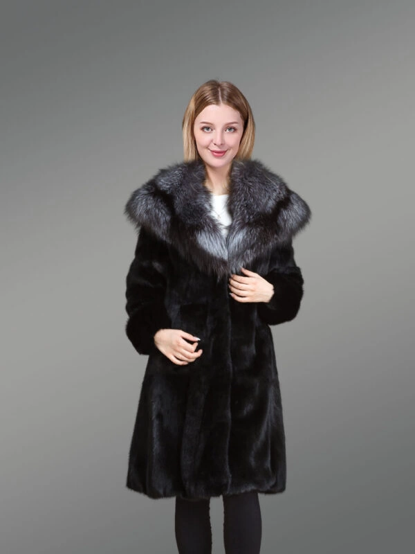 Women’s Mink Fur Coat with Silver Fox Fur Hood and Lapels