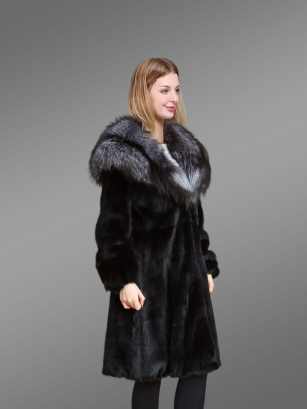 Women’s Mink Fur Coat with Silver Fox Fur Hood and Lapels - Image 3