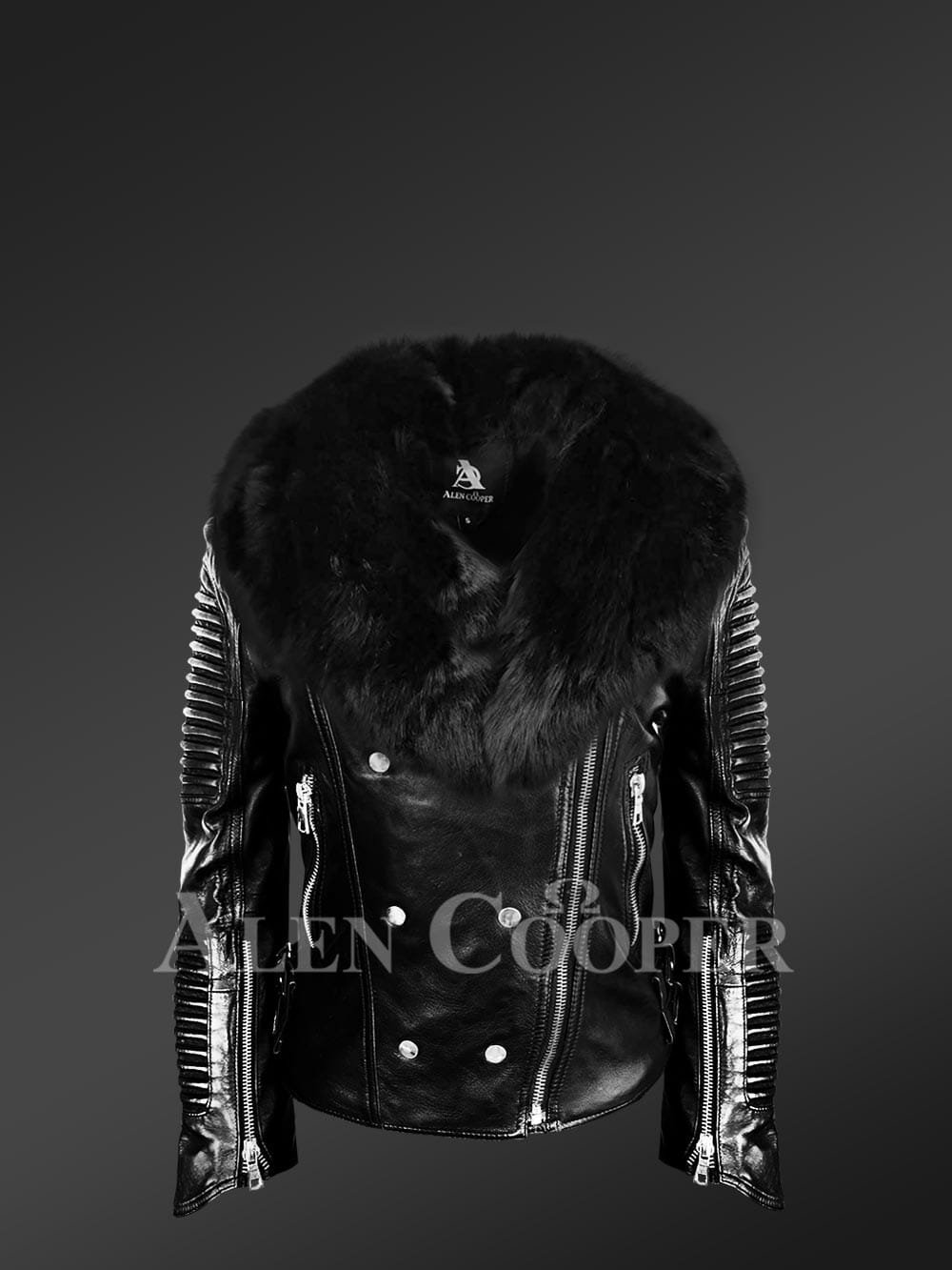 Women's Motorcycle Biker Jacket with Detachable Fox Fur Collar And Piped Sleeves in Black - Image 3