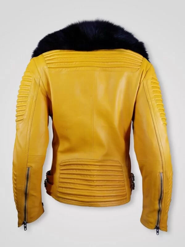 Women’s Motorcycle Biker Jacket with Detachable Fox Fur Collar and Piped Sleeves in Yellow - Image 3