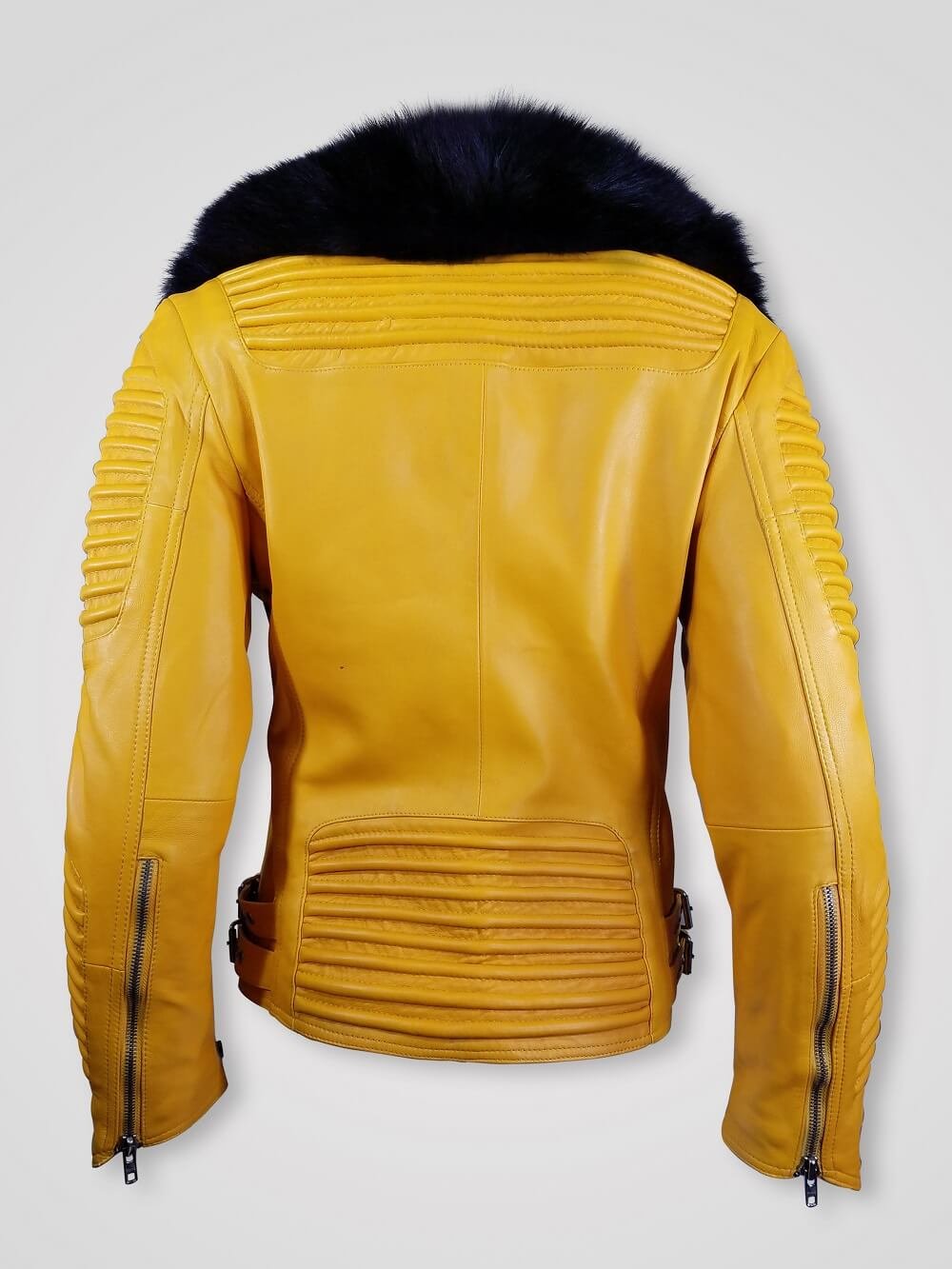 Women’s Motorcycle Biker Jacket with Detachable Fox Fur Collar and Piped Sleeves in Yellow - Image 3