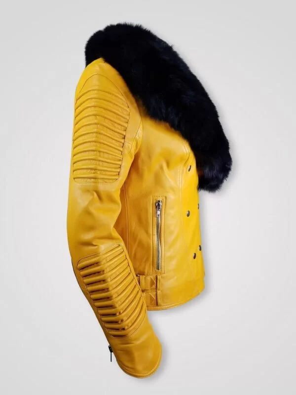 Women’s Motorcycle Biker Jacket with Detachable Fox Fur Collar and Piped Sleeves in Yellow - Image 2
