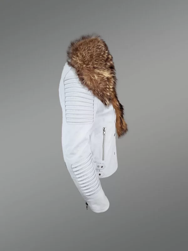 Women's Motorcycle Biker Jacket with Detachable Raccoon Fur Collar And Piped Sleeves in White - Image 2