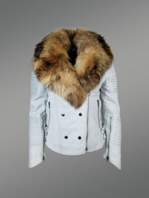 Women's Motorcycle Biker Jacket with Detachable Raccoon Fur Collar And Piped Sleeves in White