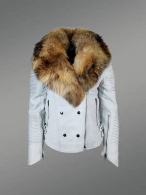Women's Motorcycle Biker Jacket with Detachable Raccoon Fur Collar And Piped Sleeves in White
